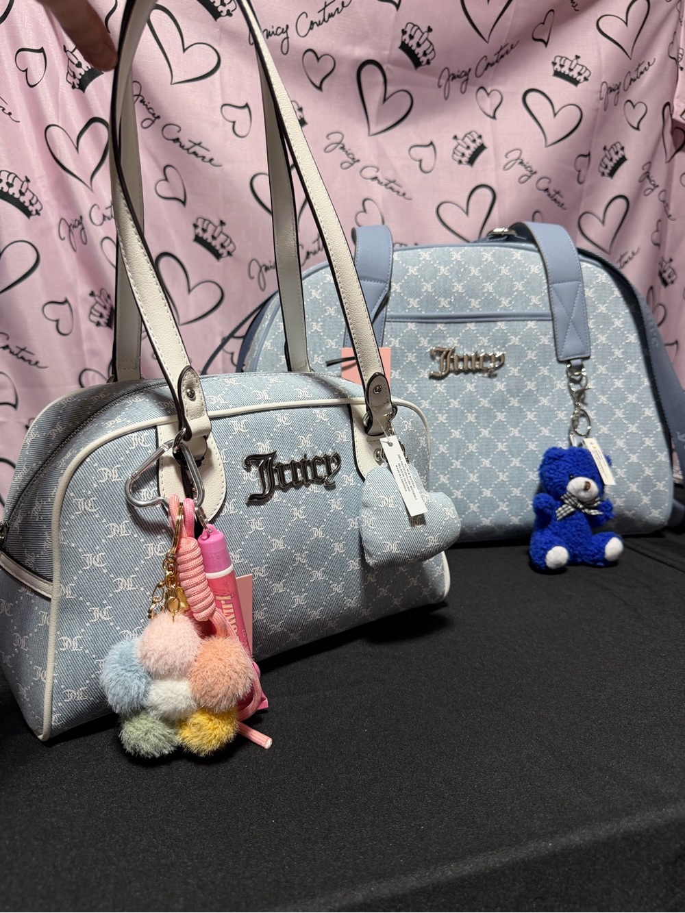 Juicy Couture Light Blue Monogram Handbag & Duffle Set with Pom & Bear Charms